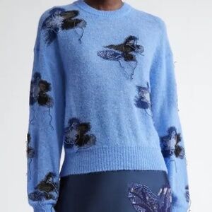 $895 Erdem Blue Intarsia Floral Embroidered Sweater Size Large
